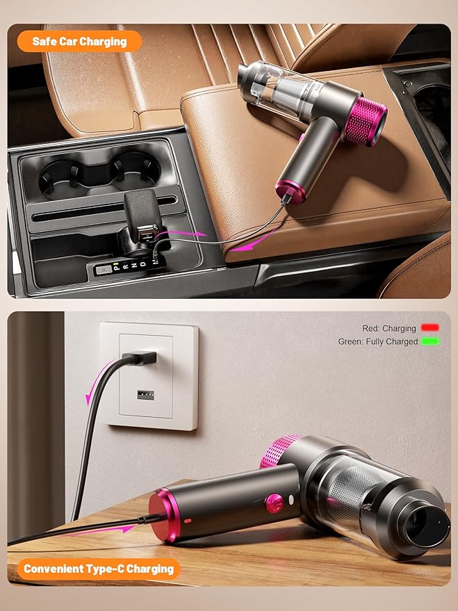 DRFLASH 6-in-1 Handheld Cordless Car Vacuum Cleaner, 16000PA Portable Mini Vacuum Cleaners with LED Light & Fast Type-C Charging, Multi-Nozzles for Home, Outdoor,Pets, Office Use