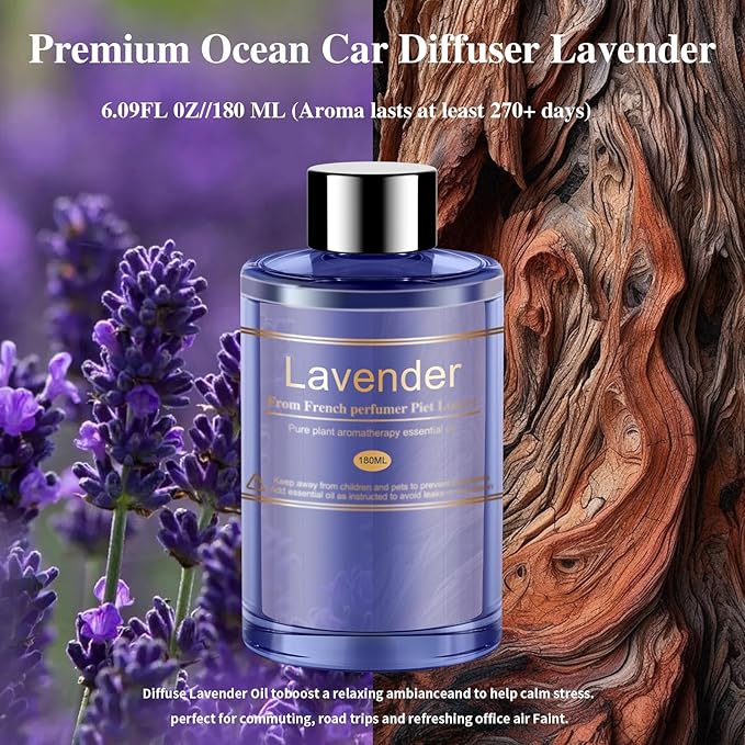 Car Air Freshener Refill for Men & Women 6.09 FL OZ /180ML-9 Month Lavender Scent Essential Oil Perfume, Essential Oil Made of Natural Plant Extracts, Compatible with Car Diffusers for Home/Office