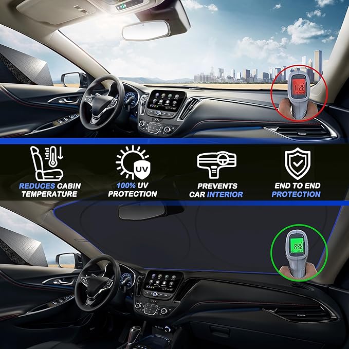 MORNYRAY Car Windshield Sun Shade，Reflector Sunshade Offers Ultimate Protection for Car Interior，Cool Reflective Sun Blocker，Foldable Car Interior Accessories (Black, Medium),(64x32 inches)