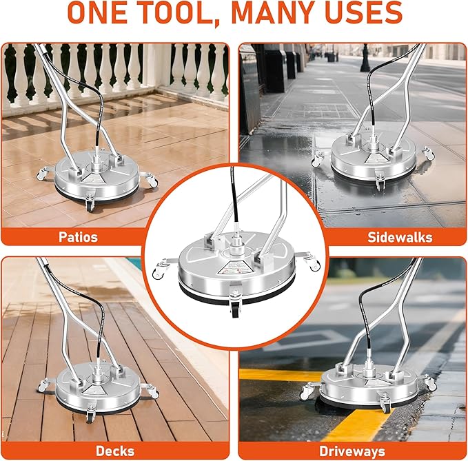 18" Dual Handle Pressure Washer Surface Cleaner with 4 Wheels, 4000 PSI Max Stainless Steel Surface Cleaner for Pressure Washer, 3/8" Inlet Connector, for Concrete, Patio, Sidewalk, Deck