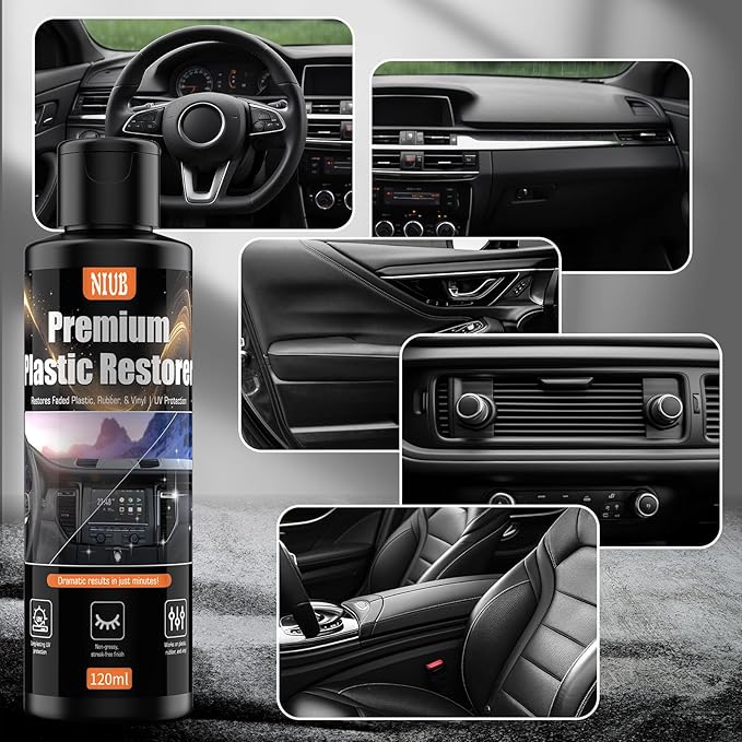 120ml Indoor Safe Trim Restorer, Plastic Restorer for Cars, Car Plastic Restorer, Black Plastic Restorer, Fast-Drying, Waterproof, Long-Lasting Shine & Protection,Indoor Plastic Surfaces Use Only