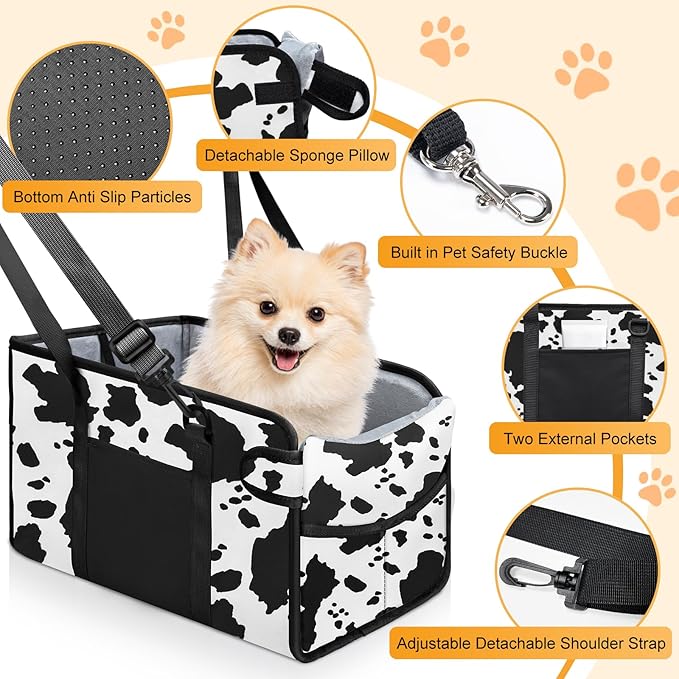 Portable Dog Car Seat for Small Dogs - Adjustable Safety Leash, Washable Cushion & Storage Pocket - Pet Booster Seat for Car Travel- Cow Pattern