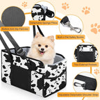 Portable Dog Car Seat for Small Dogs - Adjustable Safety Leash, Washable Cushion & Storage Pocket - Pet Booster Seat for Car Travel- Cow Pattern