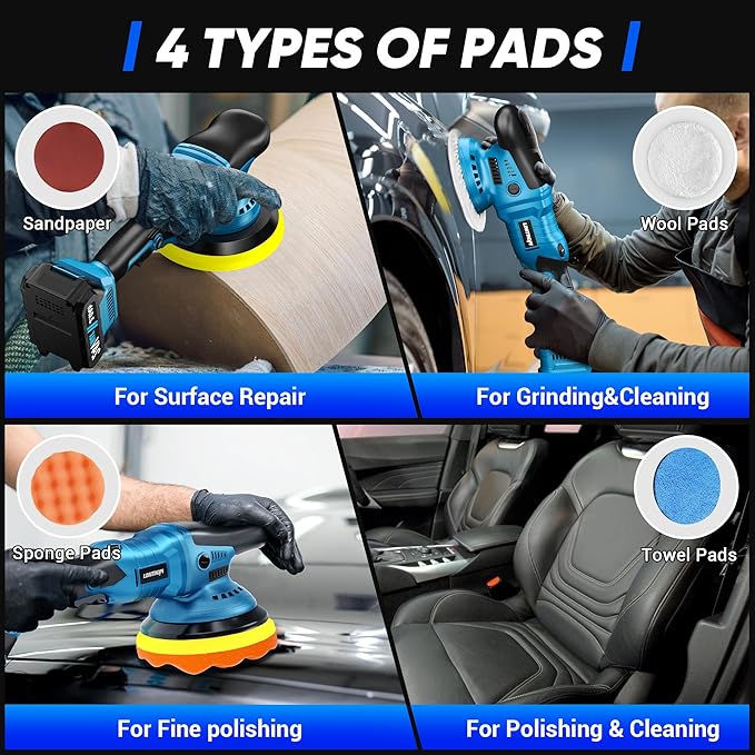 LDHTHOPI 23PCS Cordless Buffer Polisher Kit with 2×2.0Ah Battery & Charger, 10000RPM 1600W High Power Car Polisher with 6 Variable Speed, 17 Buffing Pads for Car Polishing Waxing Detailing