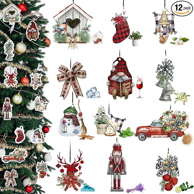 12 Pcs Christmas Car Air Freshener Bulk Scented Christmas Tree Ornaments Buffalo Plaid Gnomes Snowman Bow Hanging Decoration Car Scented Automotive Interior for Stocking Stuffers Party Gift