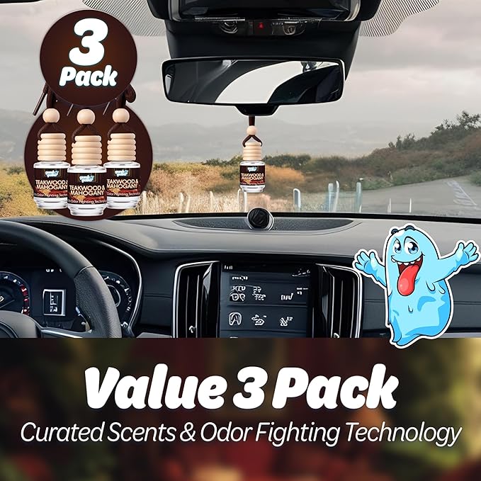 Hanging Air Freshener Car Diffusers - Long Lasting Scent, Odor Eliminator, Home Essentials, Fresh car fragrance diffuser - 3 Pack- Teakwood and Mahogany