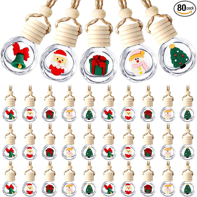 BBTO 80 Pcs Hanging Car Air Freshener Car Diffuser Bottles Bulk Christmas Empty Glass Perfume Bottle Freshener Clear Diffuser Bottle Pendant for Essential Oil Fragrance Aromatherapy Bottles Ornament