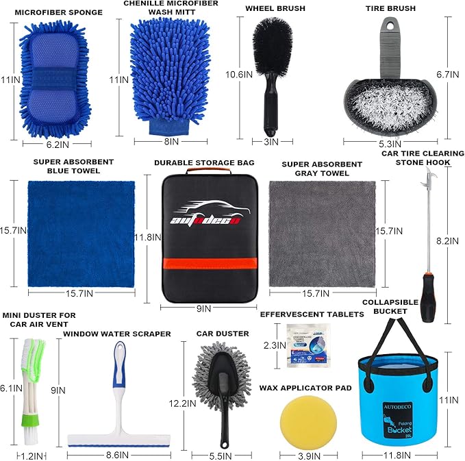 AUTODECO 22Pcs Car Wash Cleaning Tools Kit Car Detailing Set with Black Canvas Bag Collapsible Bucket Wash Mitt Sponge Towels Tire Brush Window Scraper Duster Complete Interior Car Care Kit