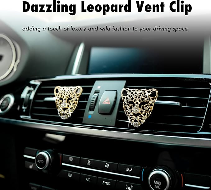 Bling Rhinestone Leopard Head Car Air Freshener Vent Clip, Sparkly Cheetah Print Auto Decoration, Refillable Essential Oil Diffuser, Cute Car Accessories for Women