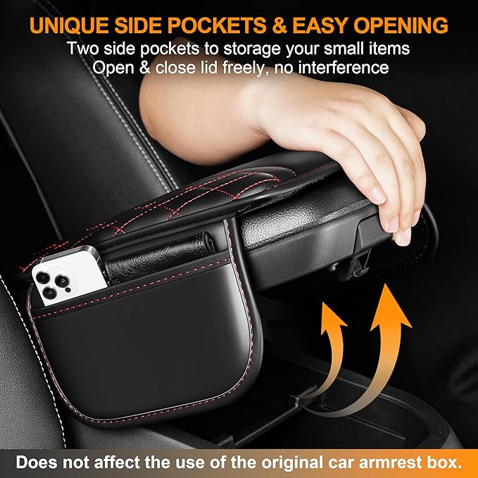 Car Center Console Cover Fit for Jeep Grand Cherokee L - Leather Armrest Covers with 2 Storage Pockets(Black&Red)
