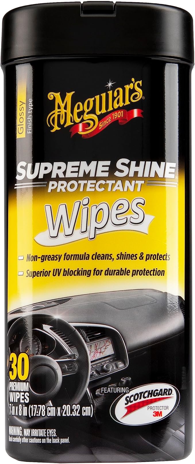 Meguiar's Supreme Shine Protectant Wipes - Convenient Protectant Wipes with UV Blocking for Durable Protection, Premium Car Wipe that Clean and Leave a Non-Greasy Glossy Shine, 30 Count