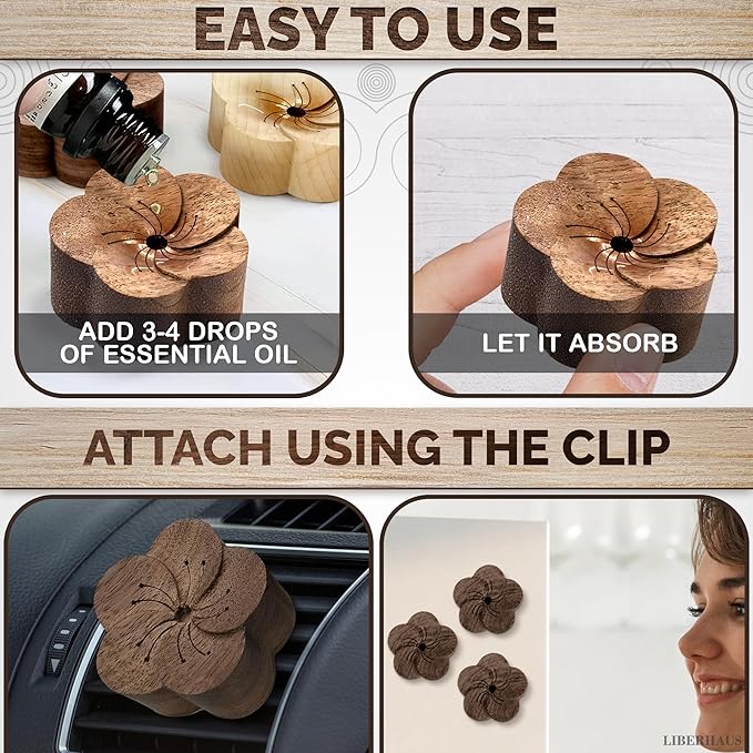 2 Pcs Car Diffusers for Essential Oils – Wooden Car Essential Oil Diffuser Vent Clip with Magnetic Clip, Easy to Use for Refreshing Your Space – Vintage Design for Aromatherapy at Home & in Car
