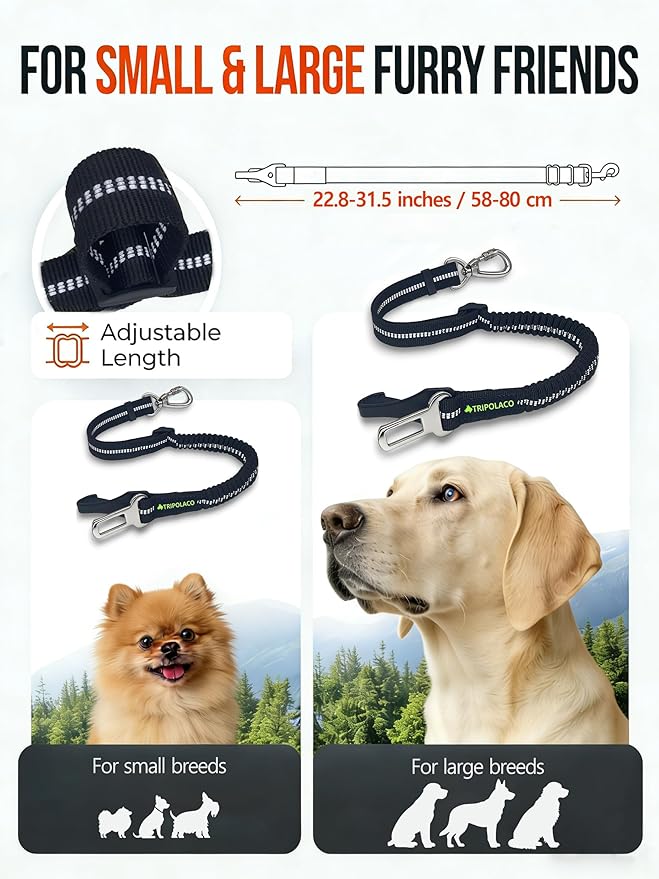 Dog Seat Belt for Car, 3-in-1 Adjustable Dog Seat Belt with Carabiner, Latch & Buckle, Heavy Duty Dog Car Harness Tether with Bungee Buffer, Pet Safety Restraint for Small Medium Large Dogs