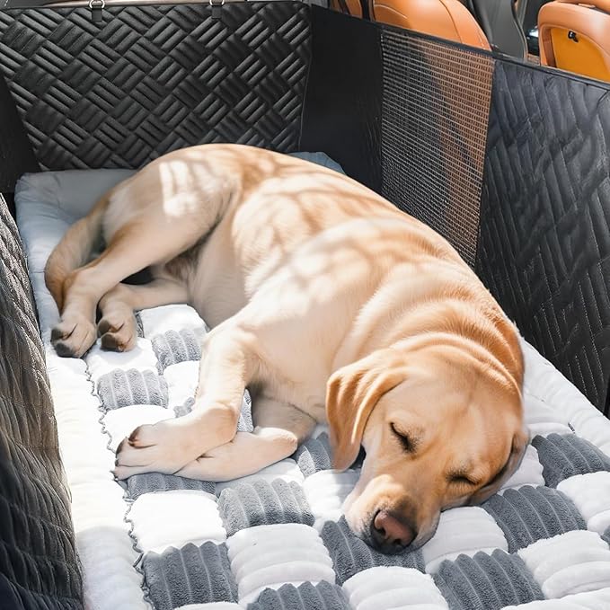 Dog Car Seat Cover for Back Seat, Plaid Backseat Pet Bed Mat, Non-Slip Travel Dog Bed for Backseat Extenders, 24.8" x 54", Grey and White