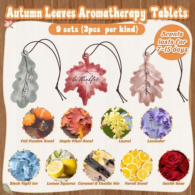 9 Sets Leaves Car Air Fresheners Bulk Maple Leaf Hanging Ornament Scented with Essential Oils Christmas Tree Decor for Men Women Coworkers Team Staff Office Car Party Supplies