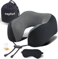napfun Neck Pillow for Traveling, Upgraded Travel Neck Pillow for Airplane 100% Pure Memory Foam Travel Pillow for Flight Headrest Sleep, Portable Plane Accessories, Black Striped Kit