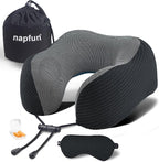 napfun Neck Pillow for Traveling, Upgraded Travel Neck Pillow for Airplane 100% Pure Memory Foam Travel Pillow for Flight Headrest Sleep, Portable Plane Accessories, Black Striped Kit