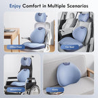 FLORICH Seat Cushion and Lumbar Support Pillow for Office Chair Car, Car Neck Pillow, Ergonomic Memory Foam Back Support for Office Gaming Chair Wheelchair, Relieves Neck, Back & Sciatica Pain – Blue