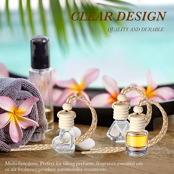 BBTO 200 Pcs Hanging Car Diffuser Bottles Bulk, 8 Styles Empty Glass Air Freshener Bottles with Wooden Cap for Perfume Essential Oils Fragrance Aromatherapy Ornament
