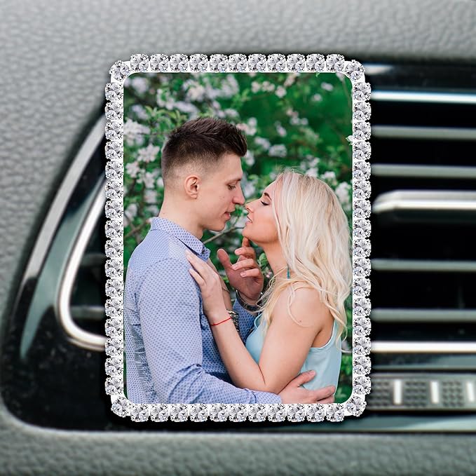 Custom Rhinestone Car Vent Clip Air Freshener with Photo – Personalized Acrylic Picture Frame for Car Interior Decoration Accessories, Rectangular Shape (White, One Size)