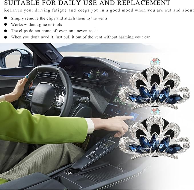 2 PCS Bling Car Air Vent Clips, Crystal Rhinestone Crown Vent Decorative Air Freshener Clips, Sparkly Diamond A/C Outlet Aroma Diffuser Clip for Vehicles, Car Accessories (Blue)