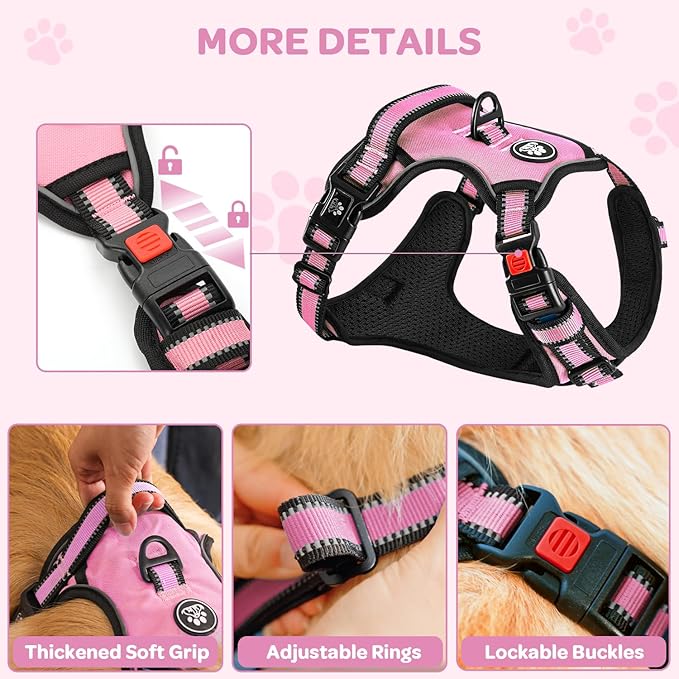 FURRYFECTION Plaid Dog Harness for Medium Dogs, Reflective No Pull Adjustable Pet Vest with Front Clip, Leash, Easy Control Handle and Seat Belt, Pink, M