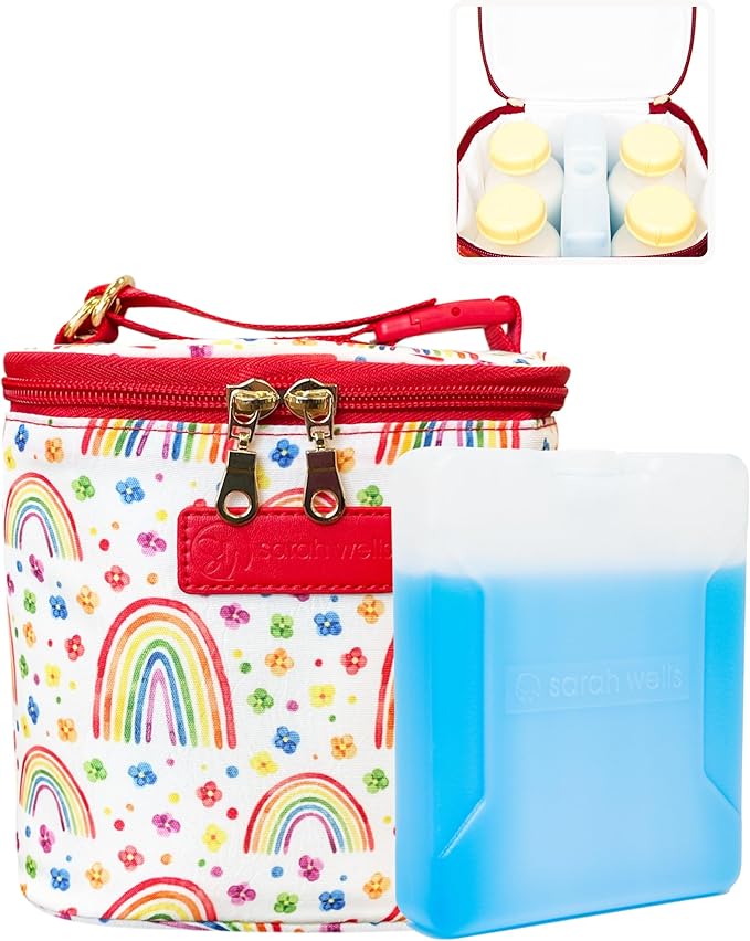 Sarah Wells Cold Gold Breastmilk Cooler Bag with Safety Tested Ice Pack - Insulated Milk Storage for Work, Travel & Daycare - Fits Bottles & Pump Parts - Machine Washable (Rainbows)