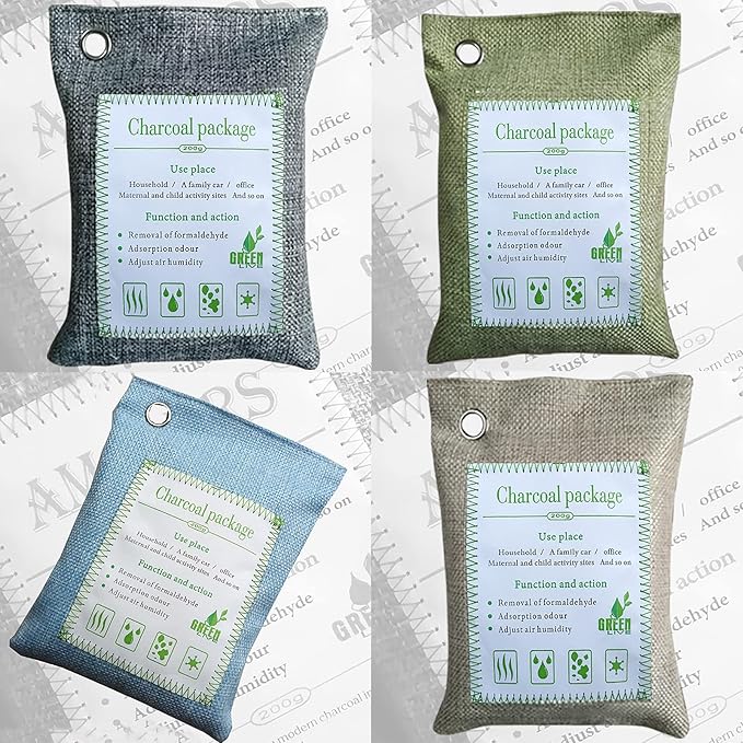 Bamboo Charcoal Bags Odor Absorber, 2 Packs 200g Charcoal Deodorizer Bags with Hooks, Nature Bamboo Charcoals Air Purifying Bags Activated Charcoals Odor Absorbers for Home Cars Pet Closet Bathroom