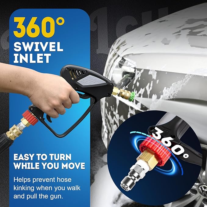 TOOLCY 5000 PSI Pressure Washer Gun with Swivel Inlet, Short Power Washer Gun with Nozzle Tips, Ergonomic Handle, 3/8'' Male Plug, M22-14mm, 1/4" Quick Connector, Sturdy Design for Gas Pressure Washer