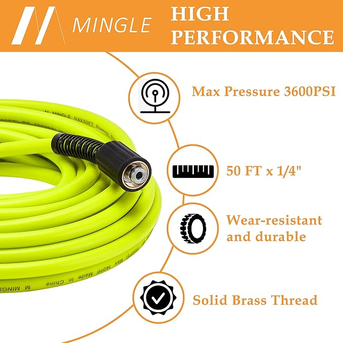 M MINGLE Pressure Washer Hose 50 FT x 1/4" - Replacement Power Wash Hose with M22 14mm Stainless Steel Quick Connect Power Washer Adapter Sets - 3600PSI