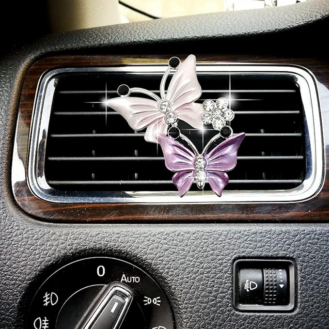 Cute Dual Butterfly Air Vent Clips, 2Pcs Dual Butterfly Diamond Car Air Fresheners Vent Clips, Car Air Conditioning Outlet Clip Decorative Interior Accessories(Pink)