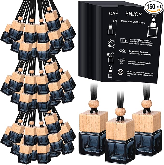 150 Sets Car Diffuser Bottles Empty Bulk Hanging Car Air Freshener Diffuser Bottles Bulk Glass Perfume Holder with Instruction Cards for Essential Oil Fragrance Pendant(Square,Black)
