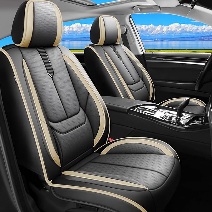 Fit Yaris Car Seat Covers for Toyota Yaris 2008-2018 2019 2020-Upgraded Premium Waterproof & Breathable Leather,Airbag Compatible,All-Weather Seat Cushion Protector,Full Set,Black-Beige