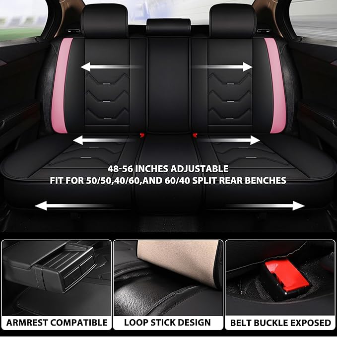 otoez Car Seat Covers Full Set, 5 Seat Pink Leather Seat Cover for Car, Waterproof Automotive Front and Back Seat Protectors for Most Sedens Trucks SUVs, Black & Pink