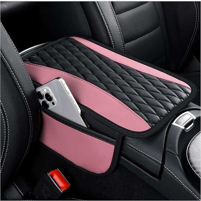 Patchwork Leather Center Console Covers for Cars,Upgraded Arm Rest Cover for Car with Side Storage Pocket for Car Seat Organizer,Middle Console Cover Stylish Car Decoration (Pink)
