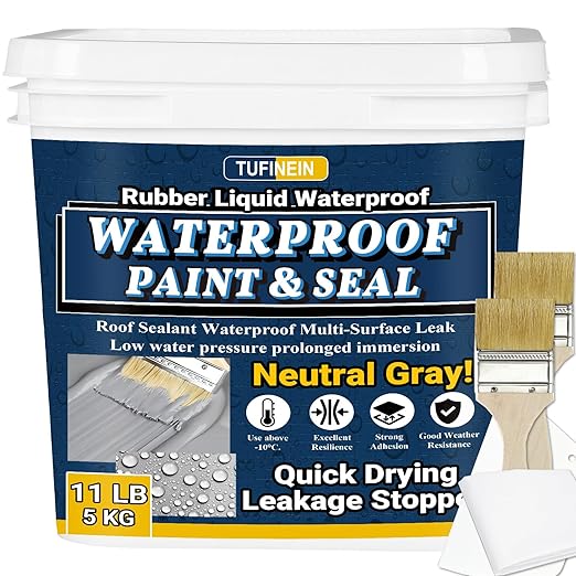 Rubber Liquid Waterproof Sealant, TUFINEIN 11 LB/5 KG Neutral Gray Quick Drying Multi Surface Foundation Leak Repair - Roof Gutters Basement Sealer Waterproof - Indoor & Outdoor Flexible Rubber Paint