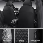 CAR PASS Bling Diamond Leather Car Seat Covers Full Seats Interior Sets, Waterproof Shining Glitter Sparkly Crystal Universal Armrest Fit Automotive Truck SUV Cute Women Girl, Black Silver Rhinestone