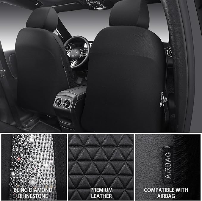 CAR PASS Bling Diamond Leather Car Seat Covers for 2 Front Interior Sets, Waterproof Shining Glitter Sparkly Crystal Universal Armrest Fit Automotive Truck SUV Cute Women Girl, Black Silver Rhinestone
