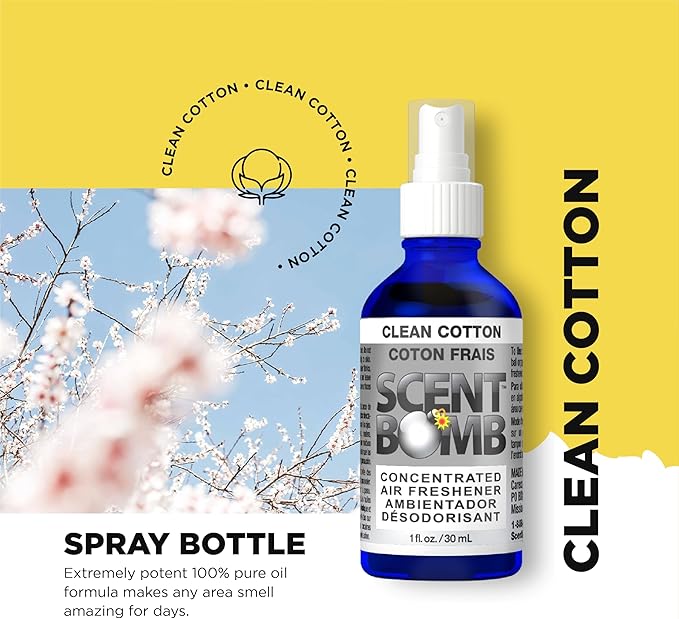 Scent Bomb Air Freshener Bundle - 1 oz & 8 oz Bottle Sprays, Vent Clip, Organic Cans, Hanging Circle - Continuous Freshness & Long-Lasting Odor Eliminator for Car, Home, Bathroom - Clean Cotton