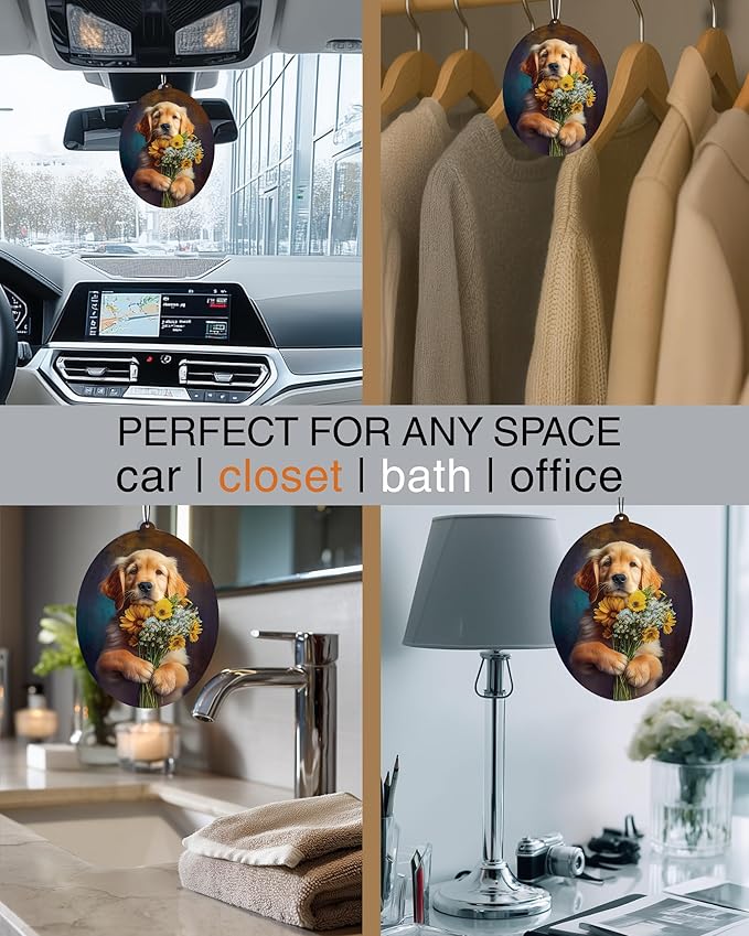 Golden Retriever - Dog Car Air Freshener - Cute Hanging Dog With Flowers Decor Black Ice Scent, Infusible with Your Own Scent, Pet Safe, Non-Toxic, Freshener for Car, Closet, Office Size - 3x4"
