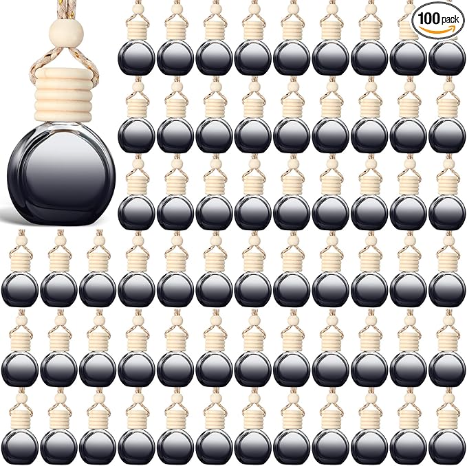 BBTO 100 Pcs Car Air Fresheners Diffuser with Wooden Cap Empty Aromatherapy Diffuser Clear Car Fragrance Holder Pendant Hanging Perfume Fresheners Bottles for Decor (Black,Round)