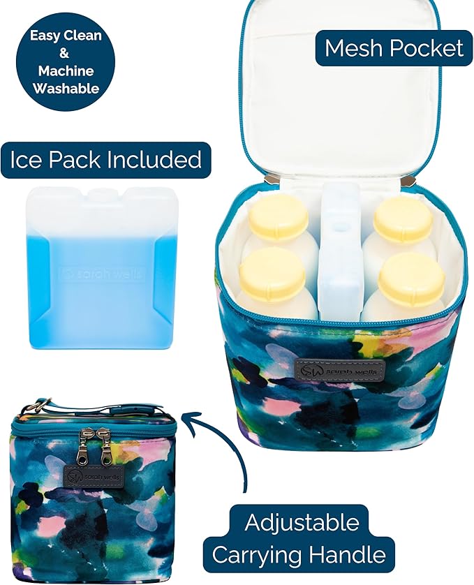 Sarah Wells Cold Gold Breastmilk Cooler Bag with Safety Tested Ice Pack – Insulated Milk Storage for Work, Travel & Daycare – Fits Bottles & Parts – Durable, Washable (Aquarelle)