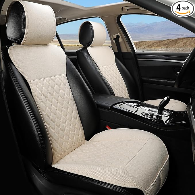 West Llama Linen Car Seat Covers-Breathable & Soft-Front Car Seat Protector Universal Fit 90% Cars,SUVs,Trucks,Diamond Pattern- 1Pair,Beige