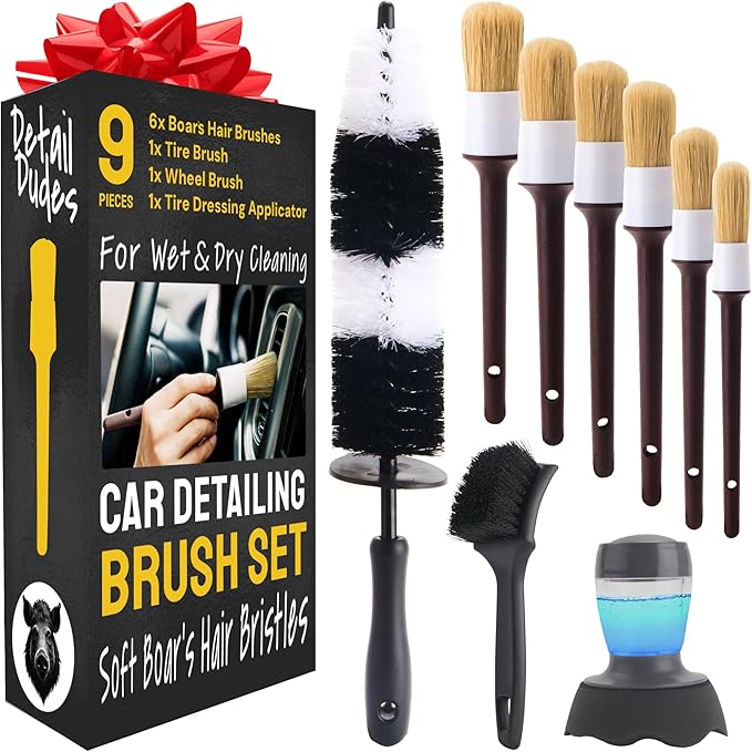 Car Detailing Brush Set 9-pc - Boars Hair Brushes Plus Wheel Cleaner, Tire Brush and Dressing Applicator - Car Cleaning Kit for Leather Seats, Dashboards, Wheels, Grills and Paint