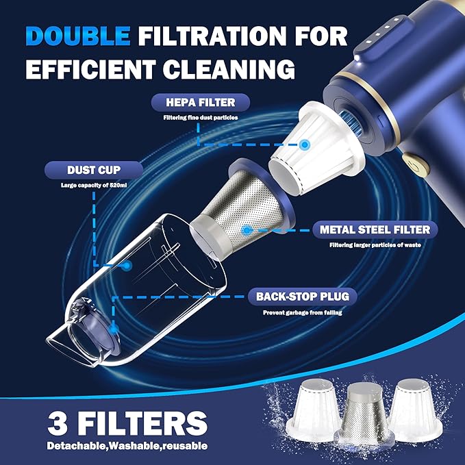 Handheld Car Vacuum Cleaner, 2-in-1 Portable Mini Car Vacuum Cleaner,16000Pa High Power & Air Duster, Handheld Vacuum Cordless with LED Light and Multi-Nozzles for Car,Home,Office,Pet(Blue)