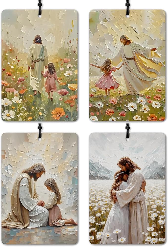 Jesus Christian Car Air Freshener 4 Pcs, Cottagecore Wildflower Jesus and Girl Religious Hanging Air Freshener for Cars Closet Drawer Books, Christian Girly Floral Car Accessories for Women