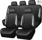 CAR PASS Bling Diamond Leather Car Seat Covers Full Seats Interior Sets, Waterproof Shining Glitter Sparkly Crystal Universal Armrest Fit Automotive Truck SUV Cute Women Girl, Black Silver Rhinestone