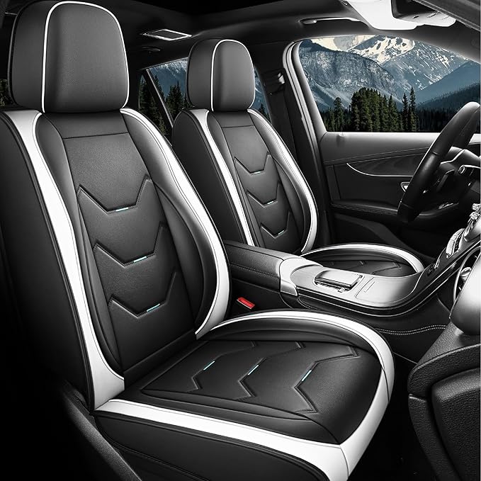 otoez Car Seat Covers Full Set, Universal Leather Seat Cover for Car, Waterproof 5 Seat Automotive Front and Back Seat Protector Full Coverage for Most Sedens Trucks SUVs, White & Black