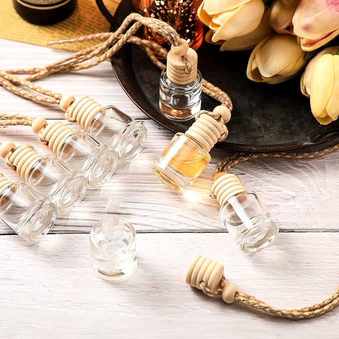 BBTO 50 Pcs Hanging Car Air Freshener Car Diffuser Bottles Empty Glass Perfume Bottle Freshener Diffuser Bottle Pendant for Essential Oil Fragrance Aromatherapy Ornament (Cylinder)