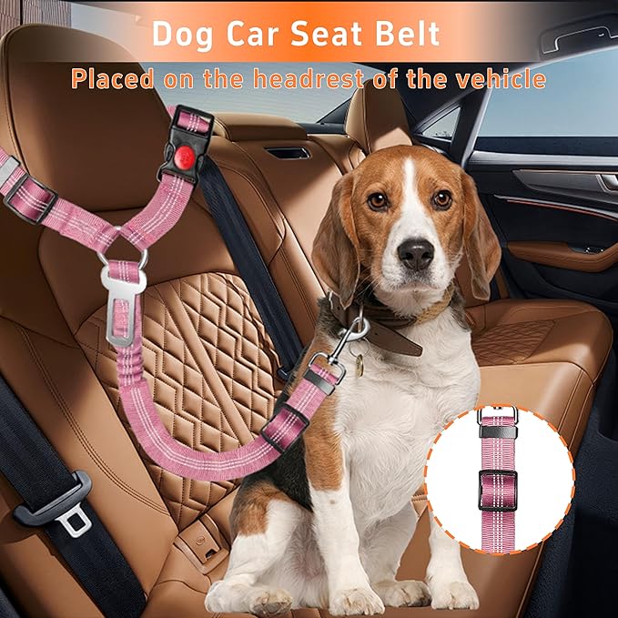 3-Piece Dog Car Harness Set - Retractable, Adjustable, Reflective Dog Seatbelt for Vehicle Headrests - Heavy Duty & High Elastic, Pink